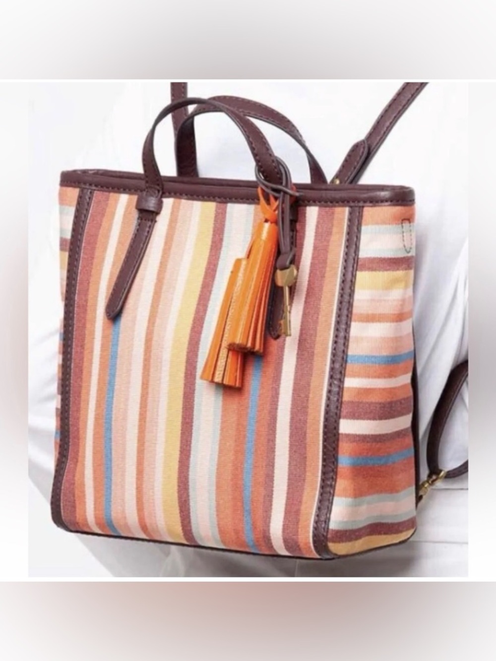 Fossil Camilla Small Backpack/Orange Striped Canvas Tote